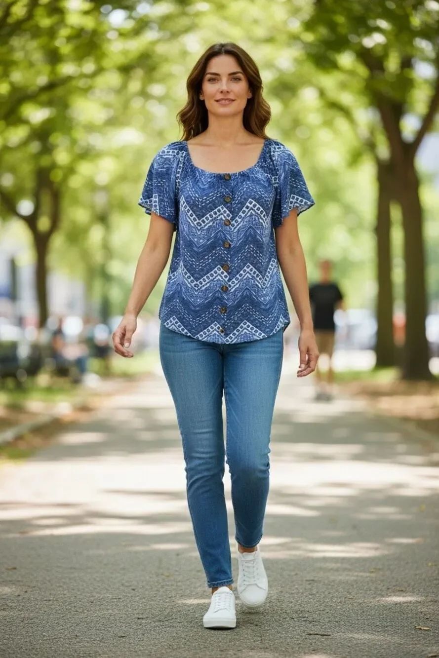 Cosmo Blu Blue White Boho Button Front Top Size 1X
